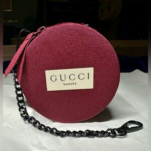Gucci Beauty Small Burgundy Round Cushion Pouch Case w/ Add on Chain Strap GWP